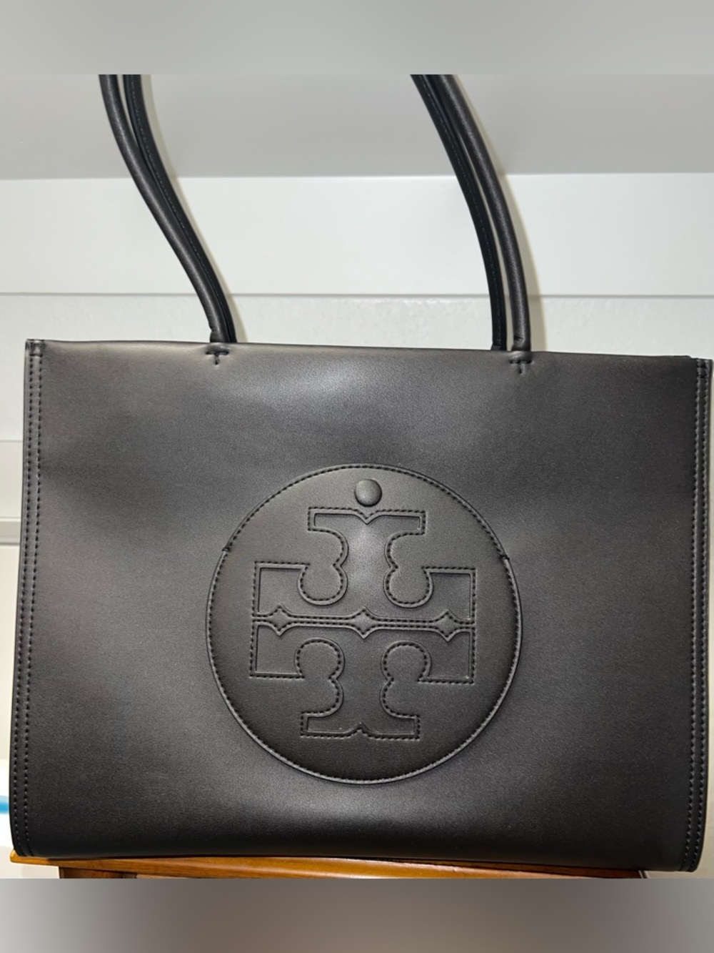 Tory Burch Black Leather Embossed Logo Tote